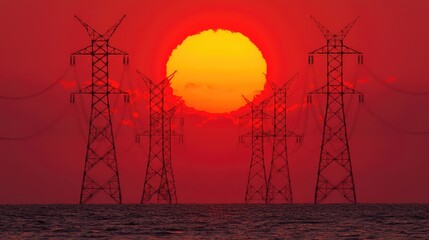 Sunset over power lines at sea, energy infrastructure