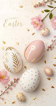happy easer greeting card with text and some beautiful decorated eggs.