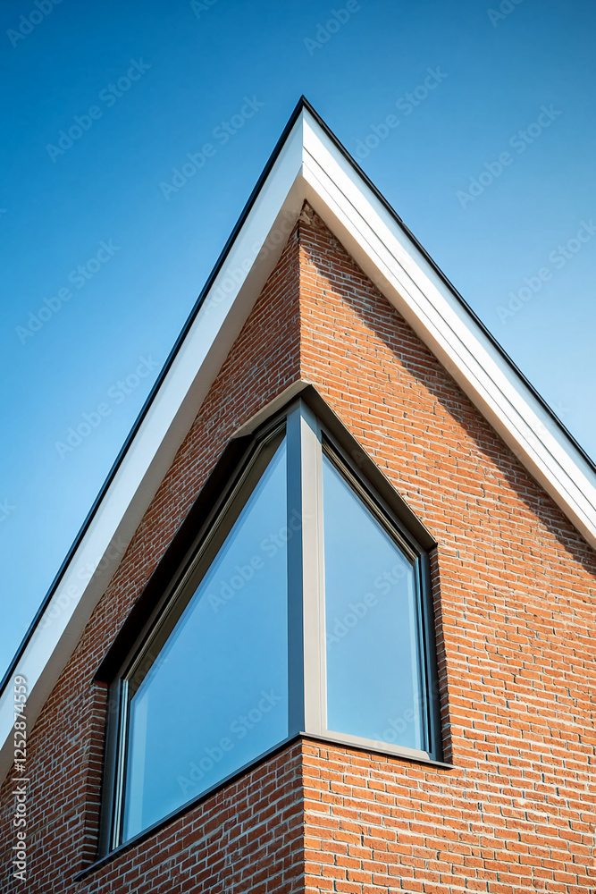 Aufkleber Close-up of a modern brick house with a large triangular window, showcasing a clean architectural design and geometric patterns against a clear blue sky.
