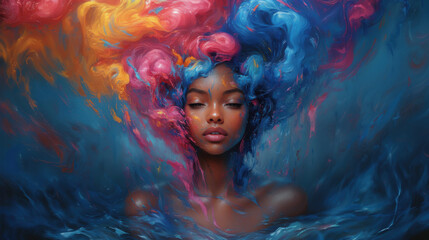 Close-up portrait of a woman with vibrant multicolored hair showcasing artistic expression and beauty against a blurred background