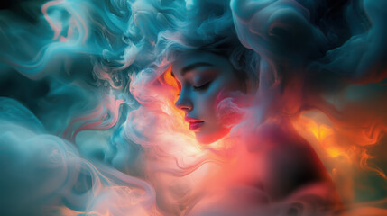 Close-up portrait of a woman with vibrant multicolored hair showcasing artistic expression and beauty against a blurred background