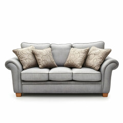 Fototapeta premium Grey fabric sofa, plush pillows, white background, home decor