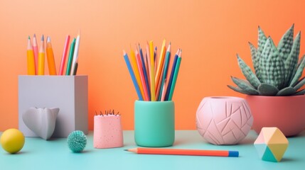 Creative desk setup with colorful office supplies