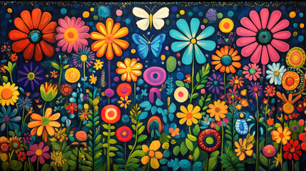 Vibrant painting capturing the essence and colors of the hippie era filled with flowers, butterflies, and joyful imagery of a lively garden