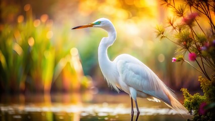 Naklejka premium Vintage great egret, graceful bird portrait.