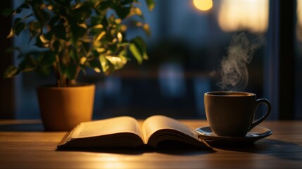 Cozy evening with a book and steaming coffee