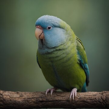 A chubby parrotlet standing on one foot, looking sleepy and adorable.