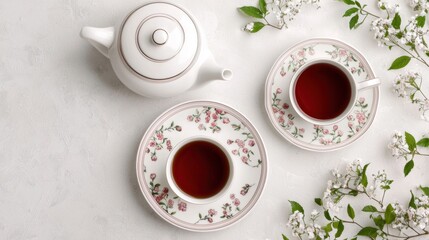 Elegant tea setting with floral china and fresh blossoms