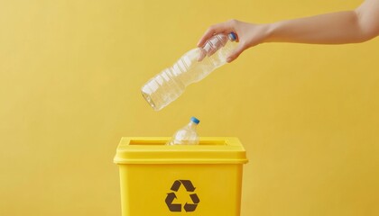 hand putting a plastic bottle in yellow recycling bin, waste segregation , Sustainability and recycling concept