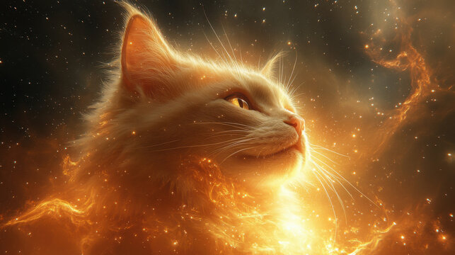 Cosmic cat nebula reveals a giant ethereal feline floating amid vibrant cosmic colors and swirling gases in a captivating universe