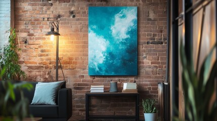 Modern interior with brick wall and abstract painting