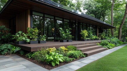 Naklejka premium Modern house, garden, green landscape, serene setting, architectural design