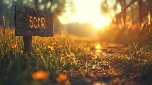 Wooden signpost with the word SOOR standing in a grassy field along a path during a warm golden hour sunset.