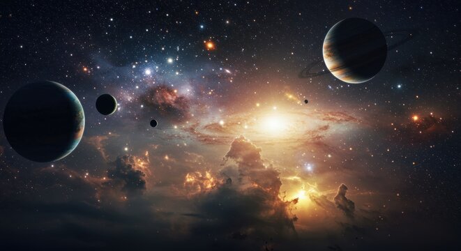 Stunning celestial landscape with planets and nebula in vibrant outer space