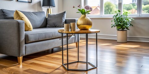 Sleek living room. Black table, gold vase, warm oak floors.  AI-generated.