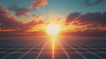 Retro grid background featuring neon lines creating a vibrant 80s inspired digital landscape at dusk