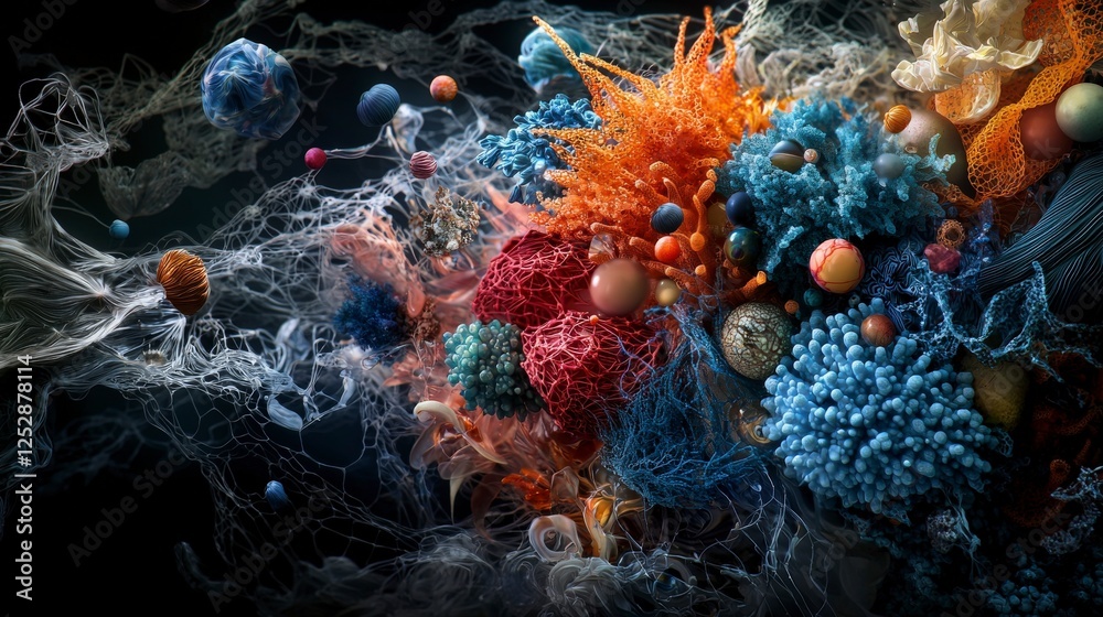 Poster exploring circulation of biological information across dimensions in a vibrant microbial landscape