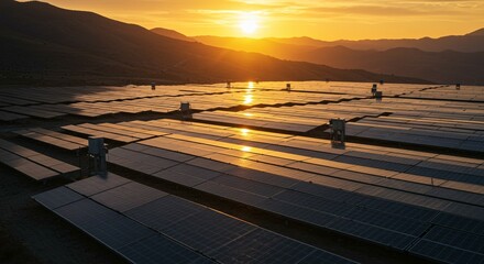 Landscape picture of a solar plant that is located inside a valley surrounded by mountain during the sunset.
