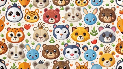 Fototapeta premium Cartoon animal expressions, aerial view, white backdrop.