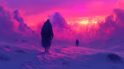 Selbstklebende Fototapeten Surreal desert landscape featuring colossal sand dunes and a lone figure exploring during twilight hours © photolas