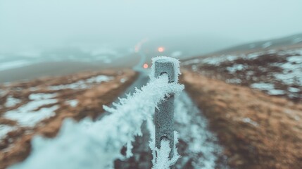 Fototapeta premium Icy fence post on a foggy mountain path