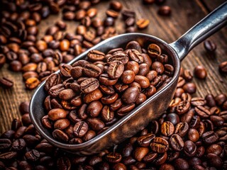 Fototapeta premium Aromatic Coffee Beans in Metal Scoop - Rich Brown Roasted Coffee