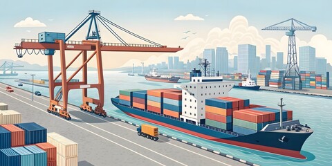 Naklejka premium Busy Port Scene with Container Ship and Cranes in Urban Setting