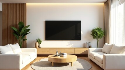 Fototapeta premium Modern Living Room TV Wall Mockup - White Wood Furniture