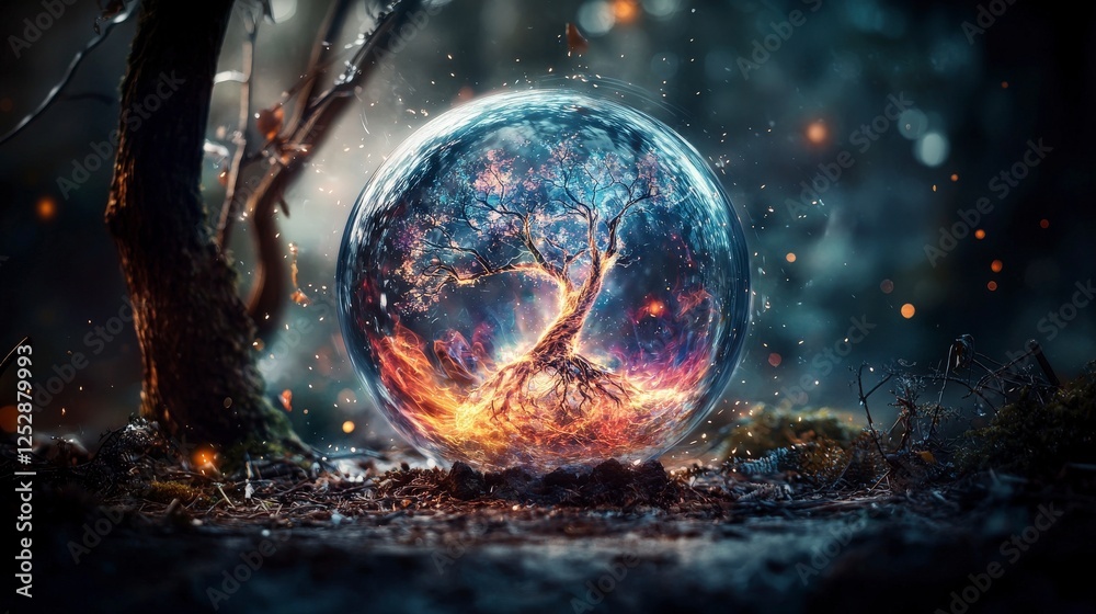 Poster Imaginary realm of a fiery tree enchanted forest fantasy art surreal environment close-up view visualizing dreams