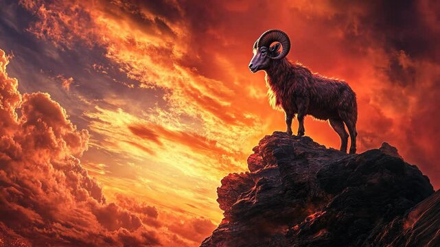 Majestic ram standing on a rocky peak against a fiery sunset sky