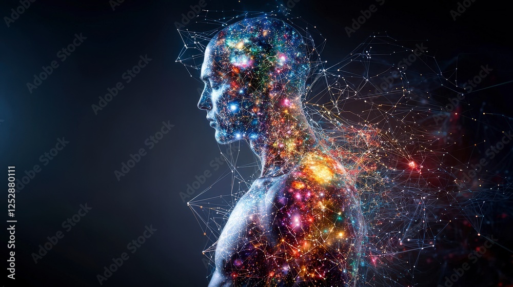 Poster human body glowing with cosmic energy abstract art digital environment side view explore inner unive