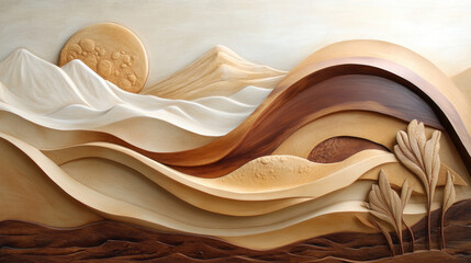 Obraz premium stunning layered wooden artwork depicting serene desert landscape with rolling sand dunes, distant mountains, and textured sun soft latte tones. intricate carving and smooth curves create