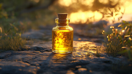 bottle of essential oil and flowers

