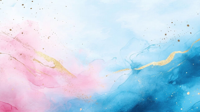 Artistic watercolor background with soft pastel colors featuring gentle blending of pink, blue, and touches of gold, ideal for a calming aesthetic