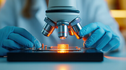 LAB laboratory, A lab assistant places a slide under high-resolution microscopy in this detailed image.