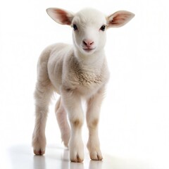 Fototapeta premium Fluffy white lamb portrait, cute baby sheep standing, young farm animal