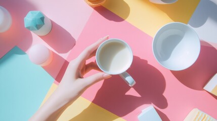Colorful flat lay of coffee cups on a pastel background