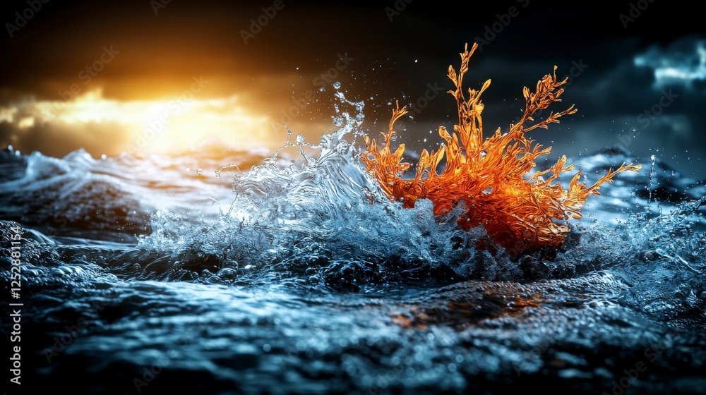 Poster dynamic water splash with fiery elements nature scene digital art sunset glow artistic perspective c