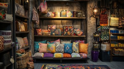 Cozy artisanal shop with colorful textiles