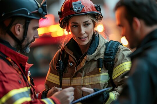 Group of First Responders Engaging in Discussion About Insurance Coverage and Safety Protocols at Emergency Scene