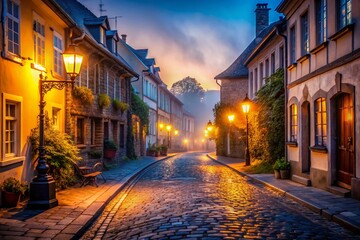 Fototapeta premium Atmospheric Low-Light Town Scene: Cozy Street at Dusk
