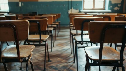 Empty classroom in old school, Vintage Wooden Lecture Wooden Chairs and Desks