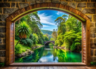 Fototapeta premium Australian River Bridge Nature Scene: Idyllic Window View Through Trees