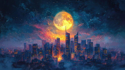 Fototapeta premium City skyline illuminated at night with twinkling stars and a glowing moon over serene waters, creating a captivating urban nightscape