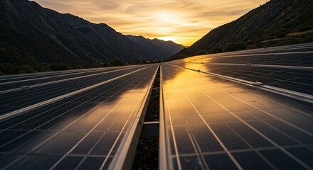 Obraz premium Landscape picture of a solar plant that is located inside a valley surrounded by mountain during the sunset.