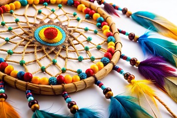 Authentic Native American Handmade Dreamcatcher, Isolated White Background - Stock Photo