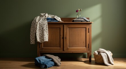 Cozy rustic interior with wooden cabinet and casual clothing in warm lighting