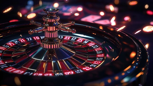 Close-up view of a casino roulette wheel with vibrant colors