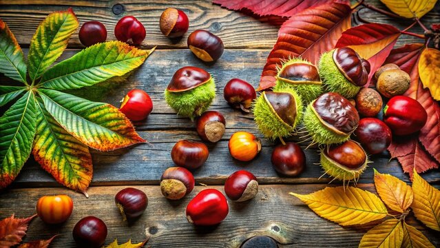 Autumn Harvest: Chestnuts & Conkers on Rustic Wooden Table - Top View