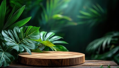 Obraz premium Wooden podium for product display with tropical leaves on dark background, mockup design template. Mockup scene of wooden round stand display in jungle environment